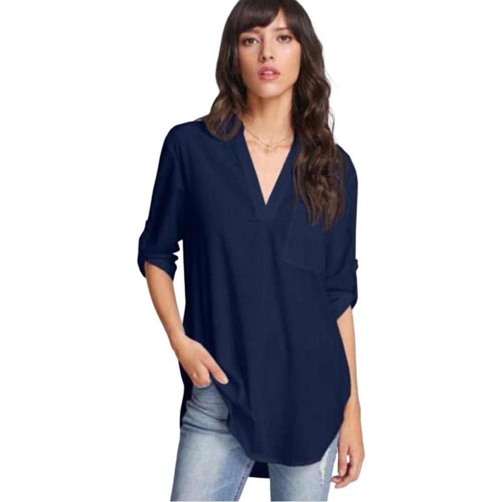 American Dream Navy Long Sleeve Silky Curved Hem V-neckline Blouse